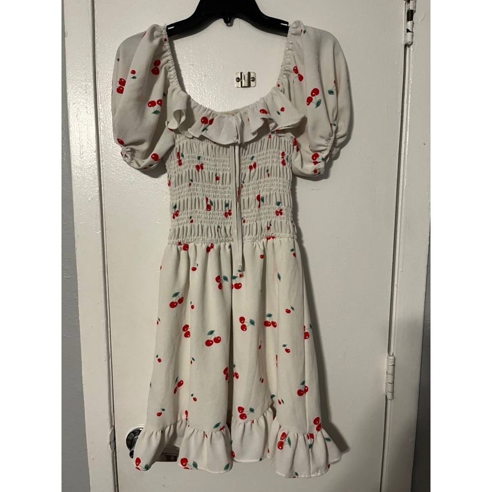 Liberty Love Cherry Print Smocked Mini Dress White Red Puff Sleeve Ruffle Size M